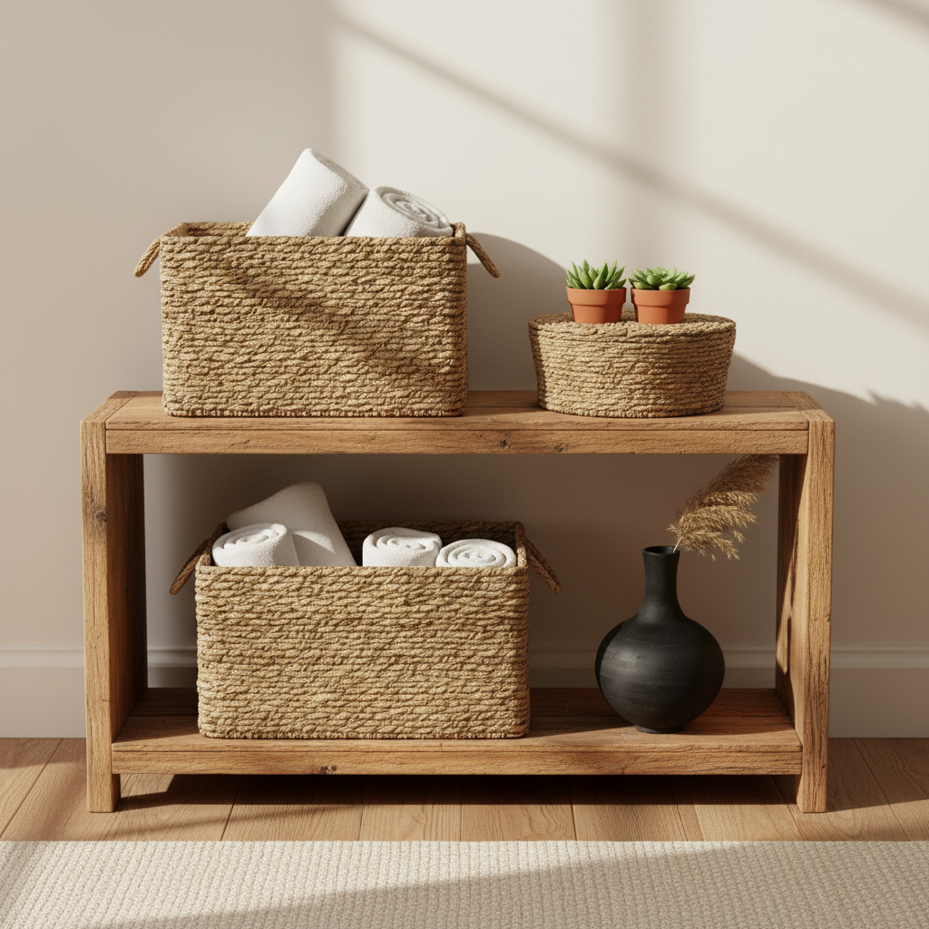 Rustic woven storage baskets on wooden shelving with plants and towels